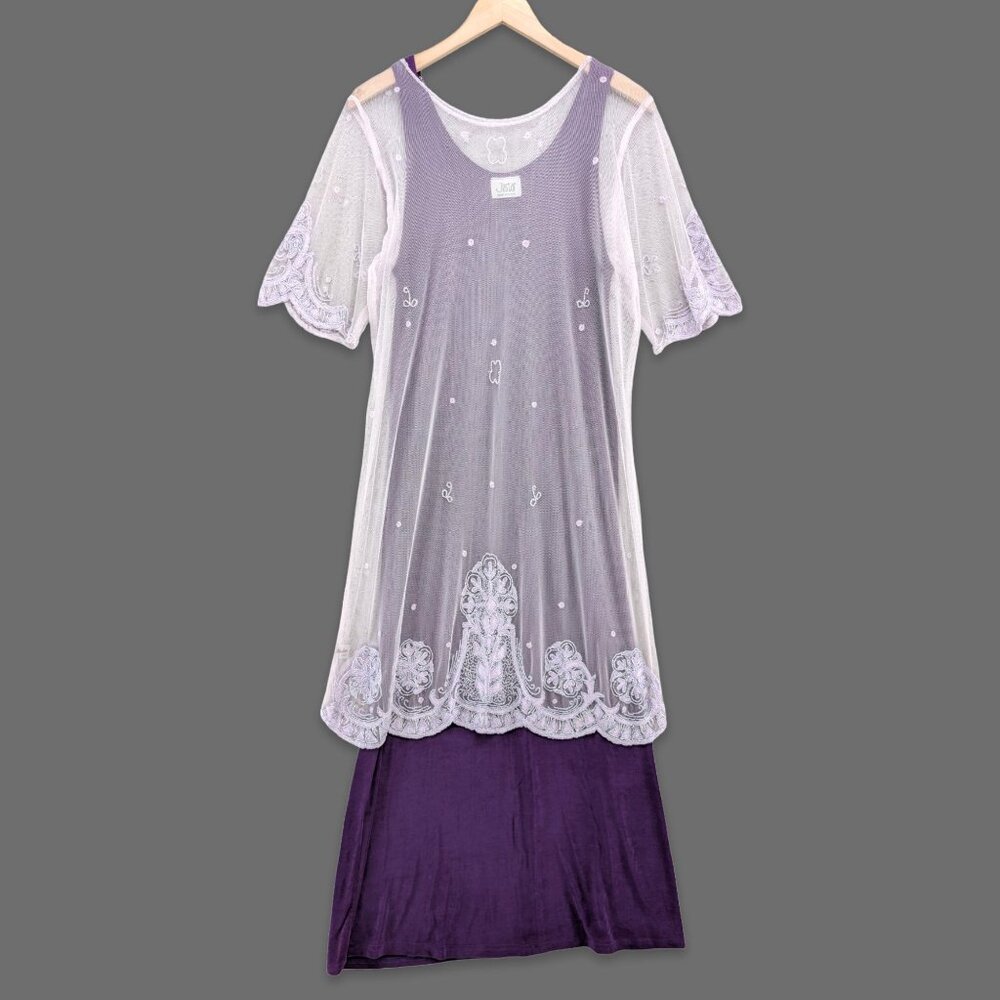 Vtg Jostar Maxi Dress Purple White Tulle Mesh Overlay 2 Piece Embroidered Sz M